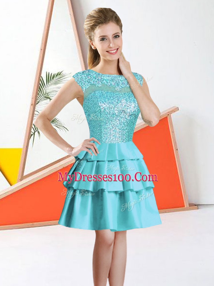 Knee Length Aqua Blue Bridesmaids Dress Taffeta Sleeveless Beading and Lace