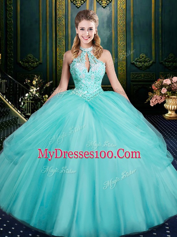 Eye-catching Aqua Blue Sleeveless Beading and Pick Ups Floor Length Vestidos de Quinceanera
