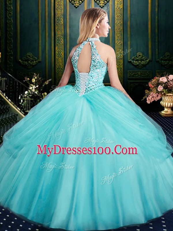 Eye-catching Aqua Blue Sleeveless Beading and Pick Ups Floor Length Vestidos de Quinceanera