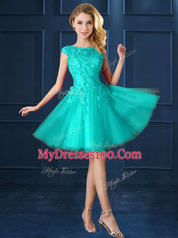 Adorable Turquoise Cap Sleeves Tulle Lace Up Bridesmaid Dress for Prom and Party