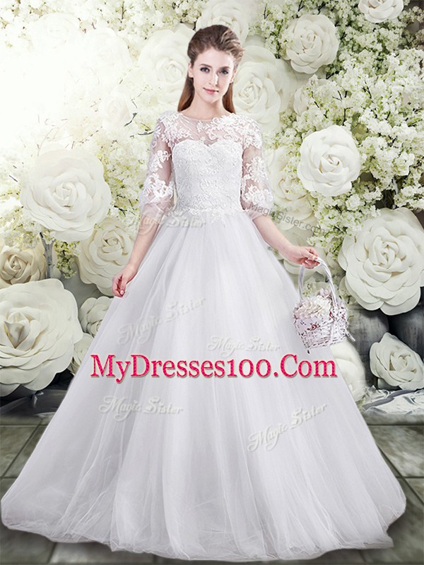 White Lace Up Wedding Gowns Lace Half Sleeves Floor Length