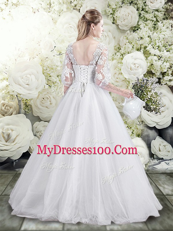 White Lace Up Wedding Gowns Lace Half Sleeves Floor Length
