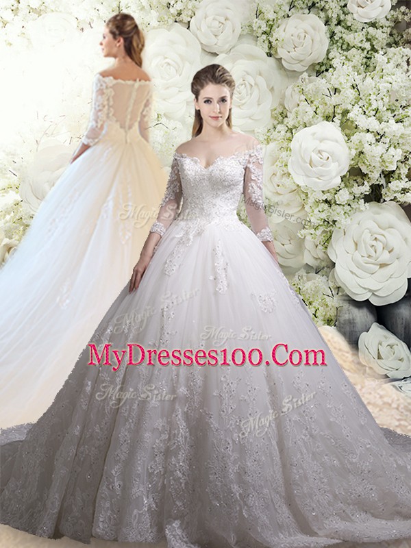 White Two Pieces Tulle Off The Shoulder 3 4 Length Sleeve Lace Zipper Wedding Dresses Chapel Train