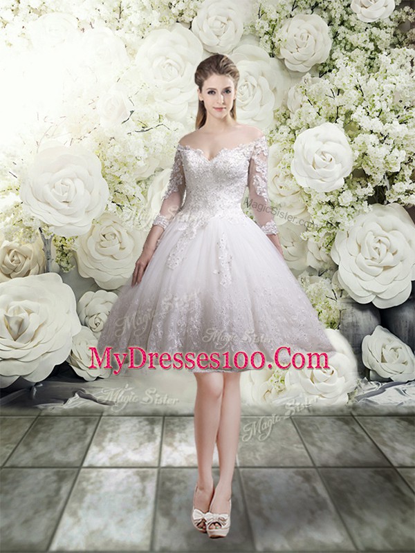 White Two Pieces Tulle Off The Shoulder 3 4 Length Sleeve Lace Zipper Wedding Dresses Chapel Train