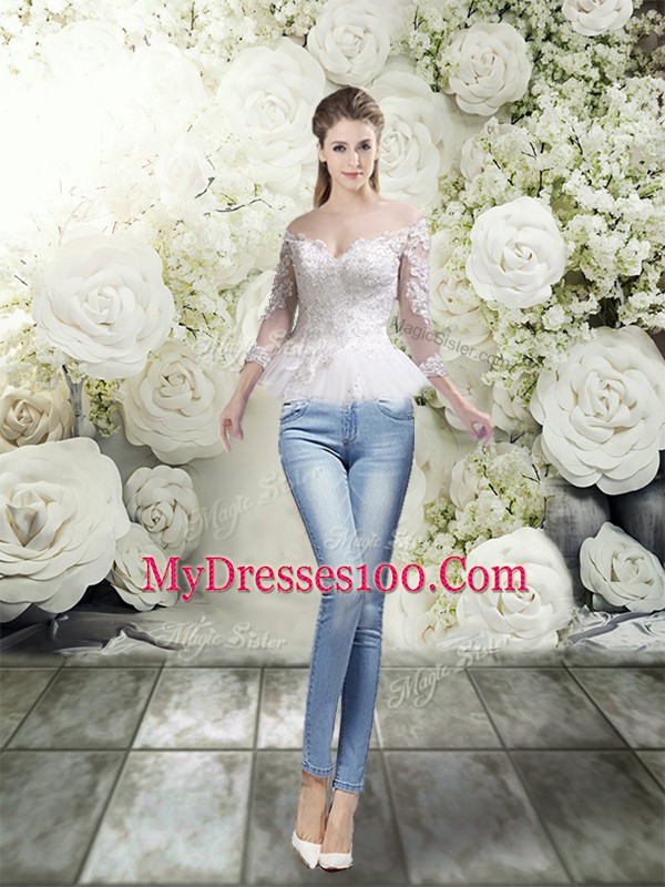 White Two Pieces Tulle Off The Shoulder 3 4 Length Sleeve Lace Zipper Wedding Dresses Chapel Train