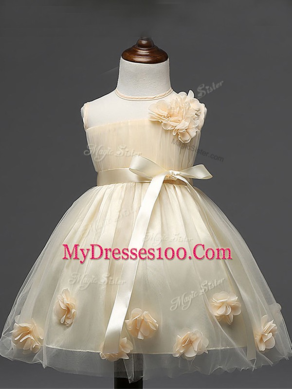 Wonderful Champagne Ball Gowns Hand Made Flower Little Girls Pageant Gowns Zipper Tulle Sleeveless Knee Length