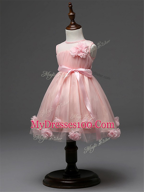 Wonderful Champagne Ball Gowns Hand Made Flower Little Girls Pageant Gowns Zipper Tulle Sleeveless Knee Length