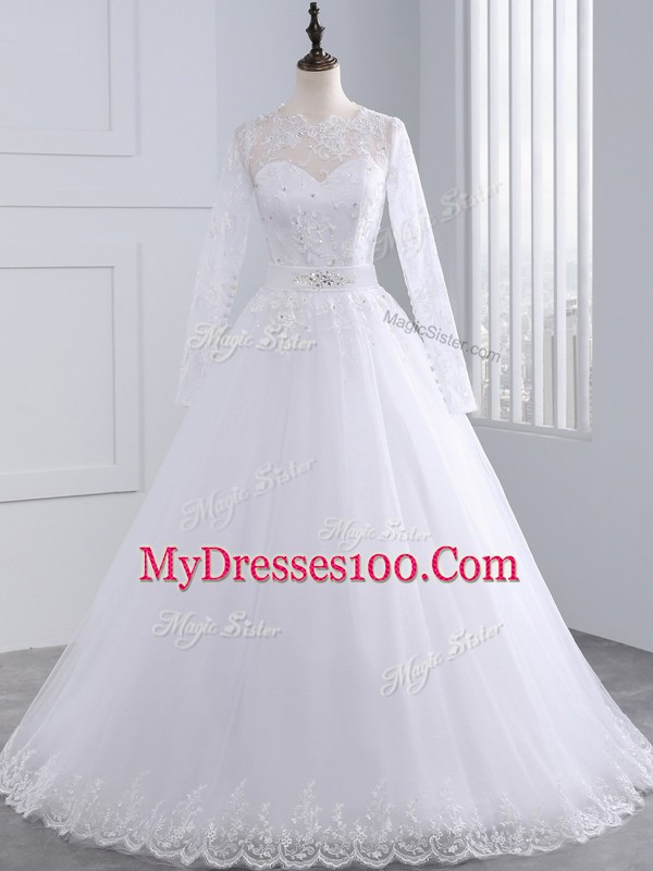 Edgy White Tulle Zipper Scalloped Long Sleeves Wedding Gowns Brush Train Lace and Appliques