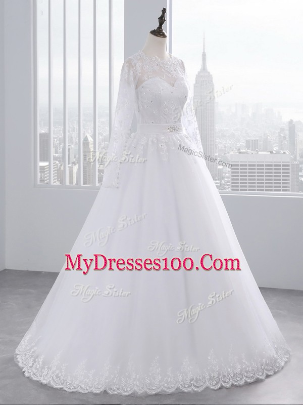 Edgy White Tulle Zipper Scalloped Long Sleeves Wedding Gowns Brush Train Lace and Appliques