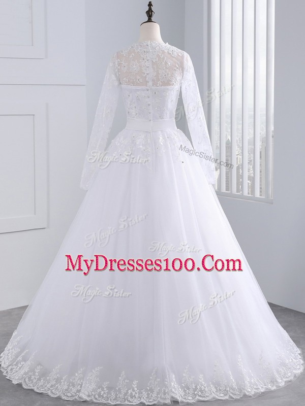 Edgy White Tulle Zipper Scalloped Long Sleeves Wedding Gowns Brush Train Lace and Appliques