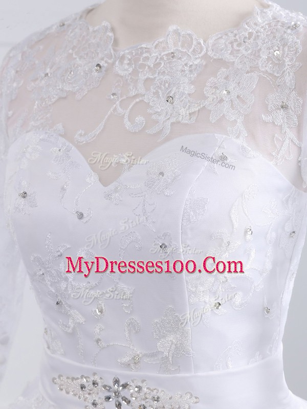 Edgy White Tulle Zipper Scalloped Long Sleeves Wedding Gowns Brush Train Lace and Appliques