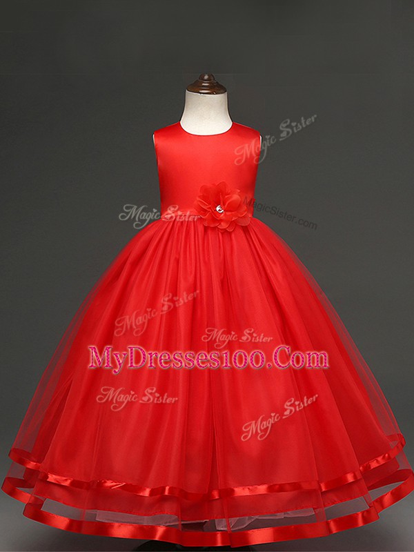 Scoop Sleeveless Kids Pageant Dress Floor Length Hand Made Flower Red Tulle