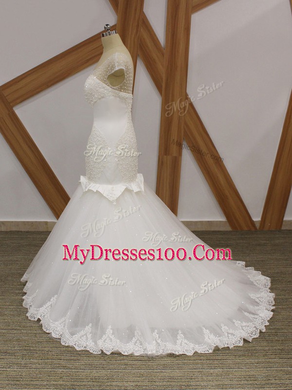 Scoop Cap Sleeves Brush Train Lace Up Wedding Gowns White Tulle