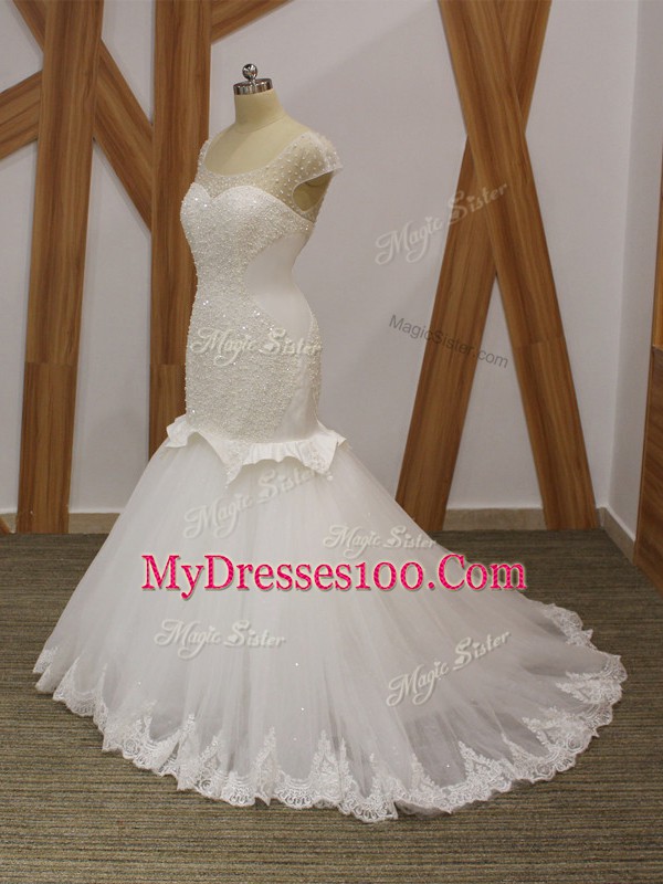 Scoop Cap Sleeves Brush Train Lace Up Wedding Gowns White Tulle