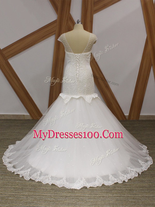 Scoop Cap Sleeves Brush Train Lace Up Wedding Gowns White Tulle