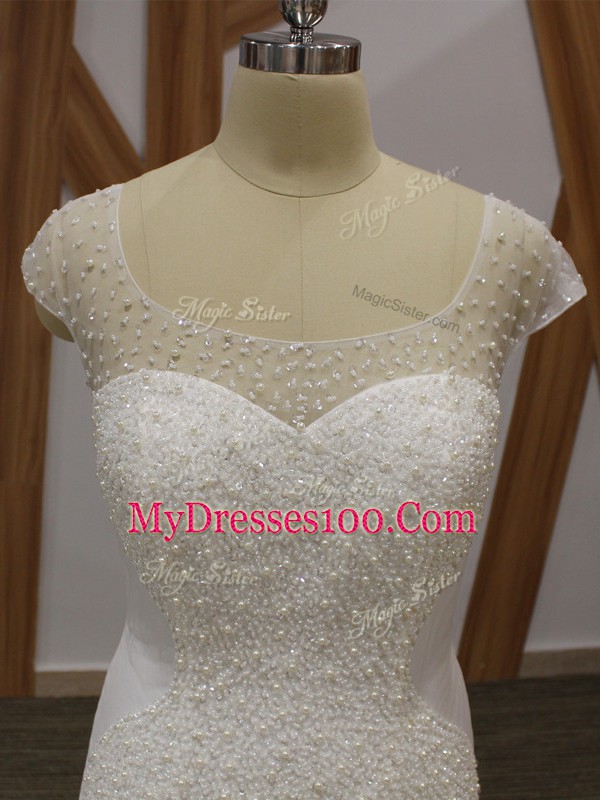 Scoop Cap Sleeves Brush Train Lace Up Wedding Gowns White Tulle