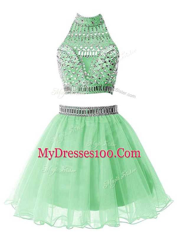 Most Popular Apple Green Sleeveless Beading Mini Length Quinceanera Dama Dress