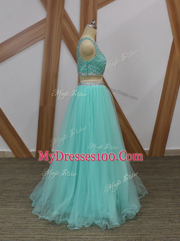 Apple Green Sleeveless Floor Length Beading Side Zipper Evening Dress