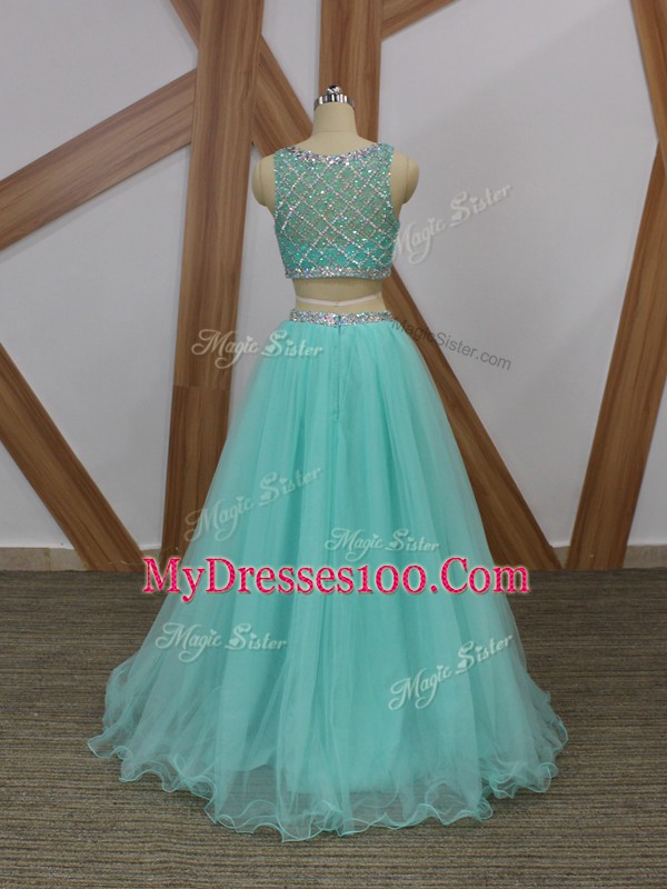 Apple Green Sleeveless Floor Length Beading Side Zipper Evening Dress