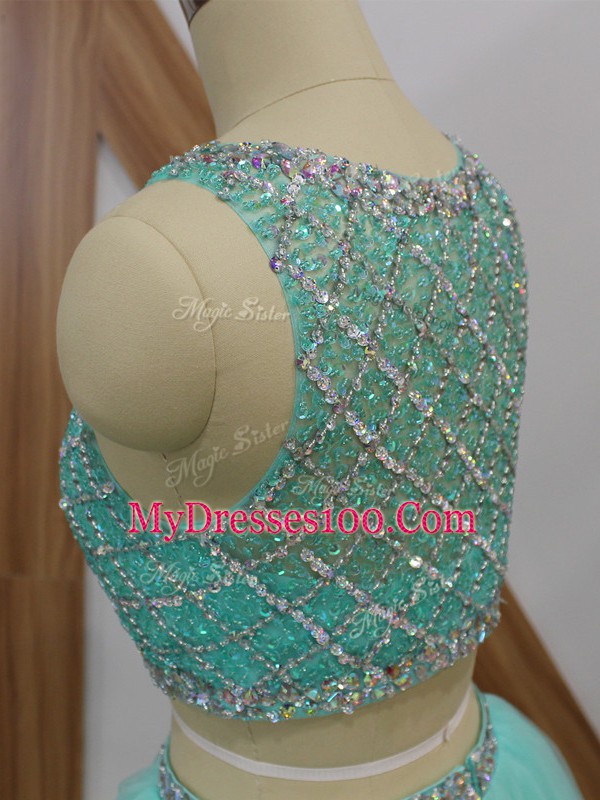 Apple Green Sleeveless Floor Length Beading Side Zipper Evening Dress