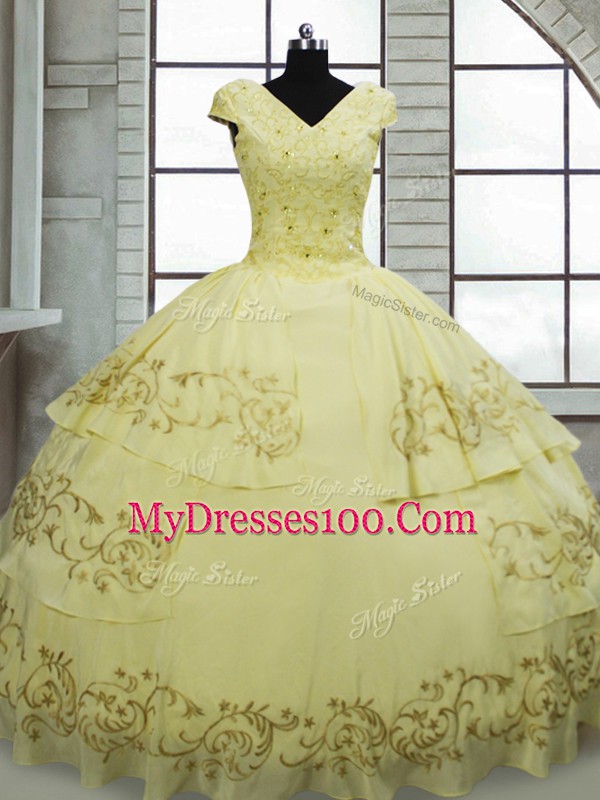 Elegant Light Yellow Ball Gowns Satin and Chiffon V-neck Cap Sleeves Beading and Embroidery Lace Up Quinceanera Gowns Brush Train
