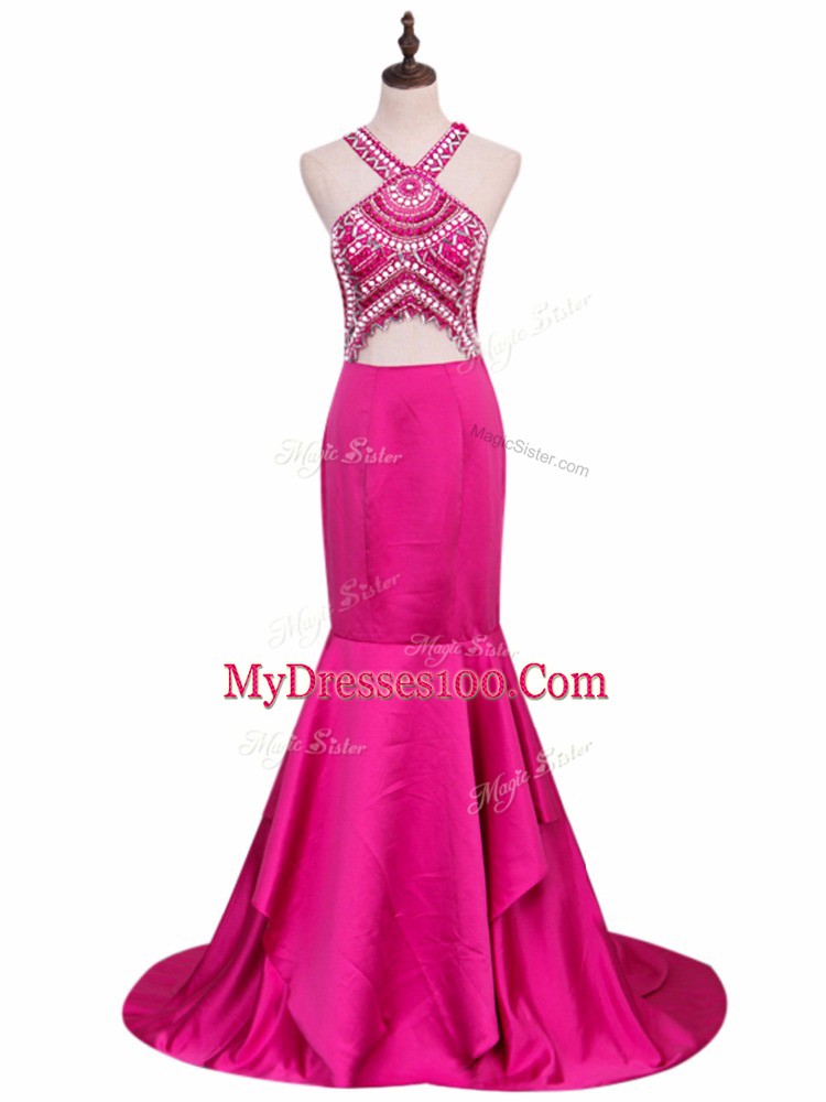 Elastic Woven Satin Sleeveless Juniors Party Dress Brush Train and Beading