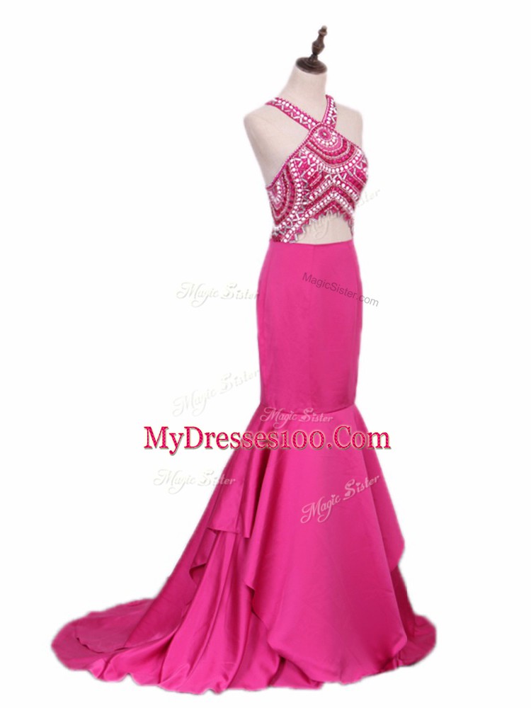 Elastic Woven Satin Sleeveless Juniors Party Dress Brush Train and Beading