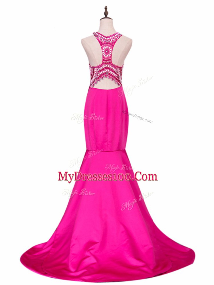 Elastic Woven Satin Sleeveless Juniors Party Dress Brush Train and Beading