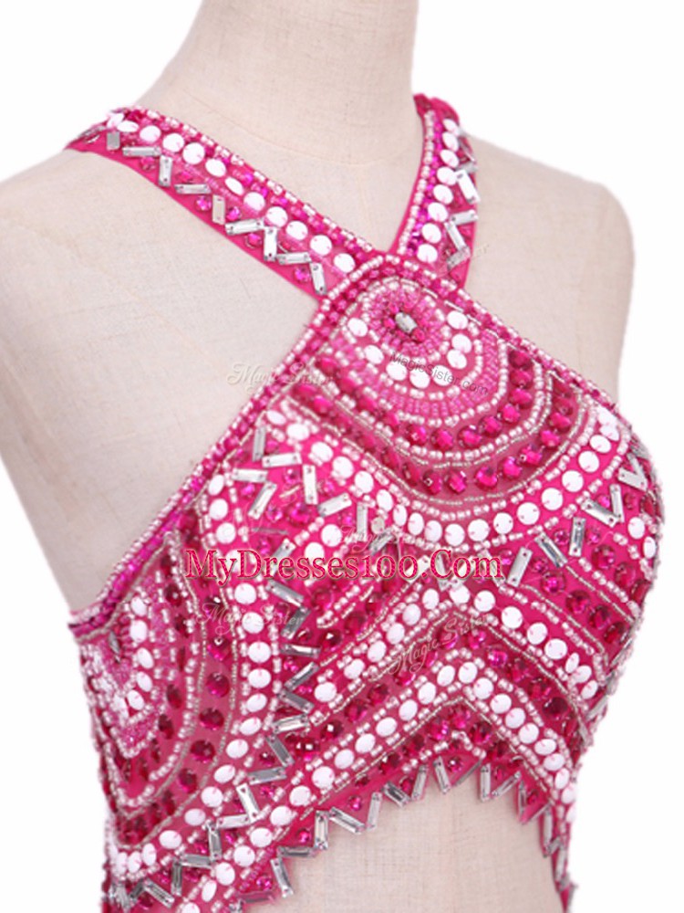 Elastic Woven Satin Sleeveless Juniors Party Dress Brush Train and Beading