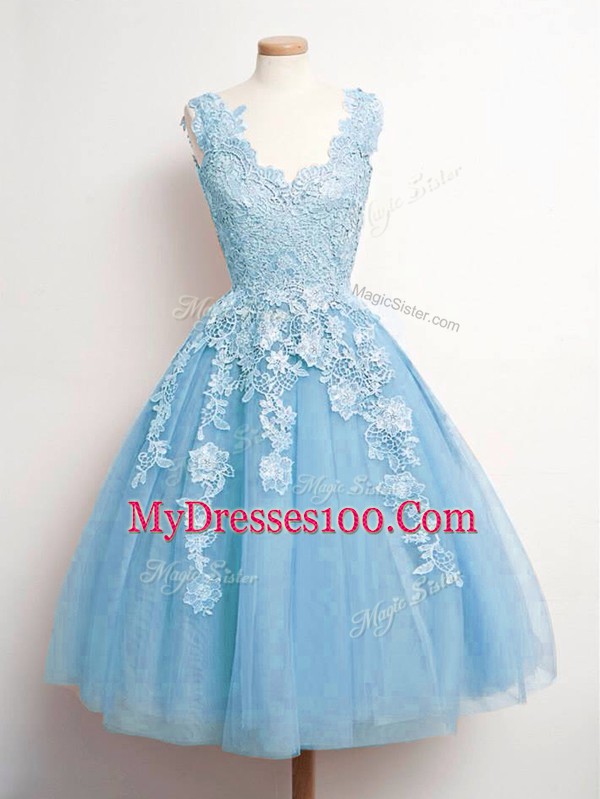 Knee Length Baby Blue Bridesmaids Dress V-neck Sleeveless Lace Up