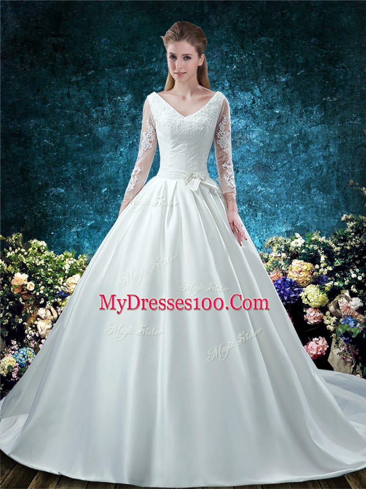 Satin V-neck 3 4 Length Sleeve Chapel Train Lace Up Lace and Belt Wedding Dress in White