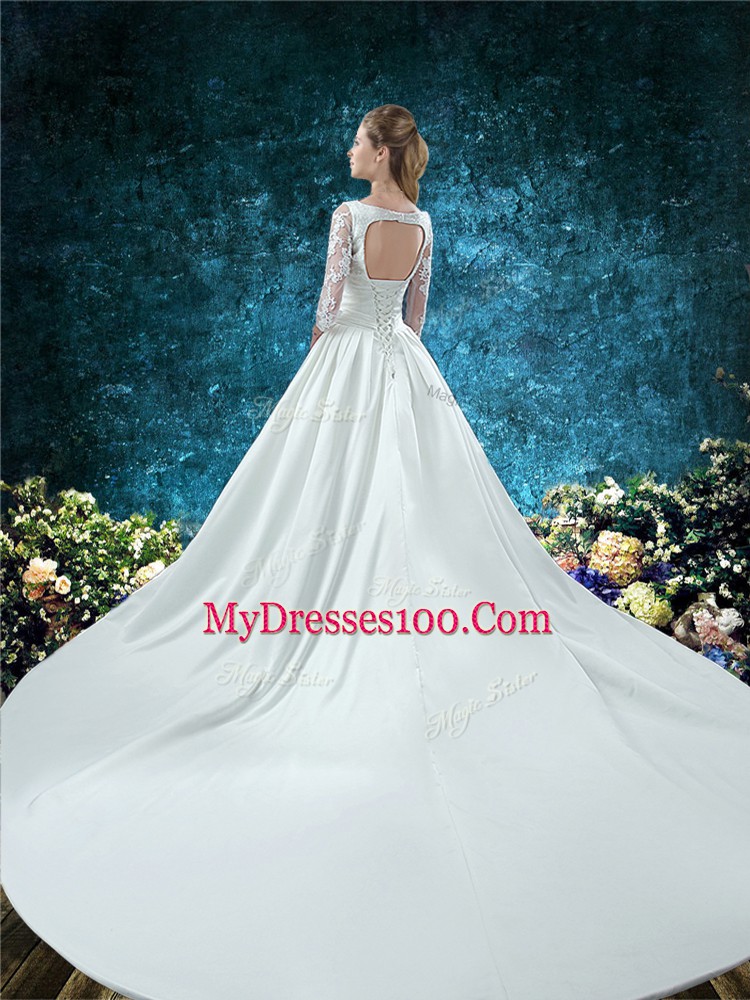 Satin V-neck 3 4 Length Sleeve Chapel Train Lace Up Lace and Belt Wedding Dress in White