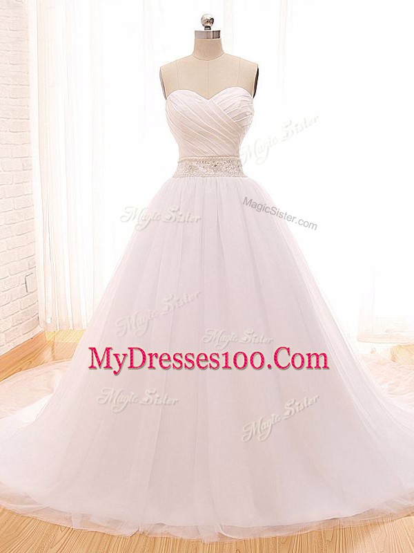 Sweetheart Sleeveless Tulle Bridal Gown Beading and Ruching Clasp Handle