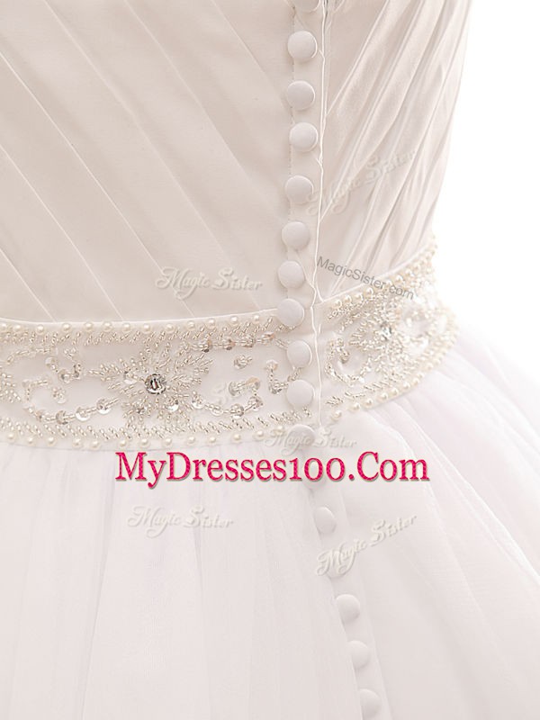 Sweetheart Sleeveless Tulle Bridal Gown Beading and Ruching Clasp Handle