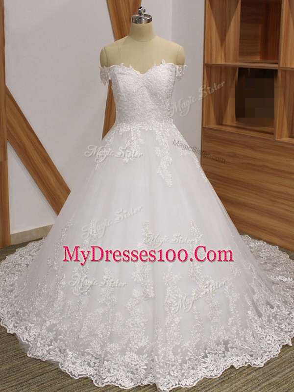 Lace Wedding Dress White Zipper Sleeveless Brush Train