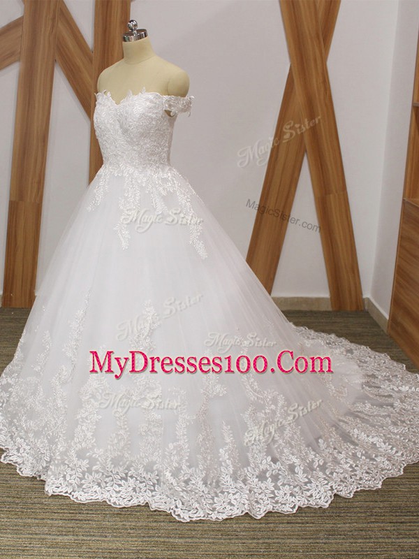 Lace Wedding Dress White Zipper Sleeveless Brush Train