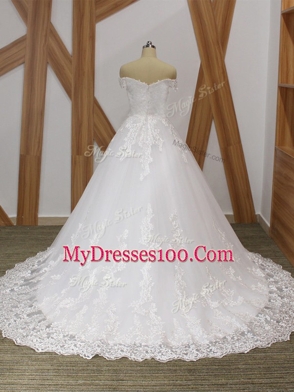 Lace Wedding Dress White Zipper Sleeveless Brush Train