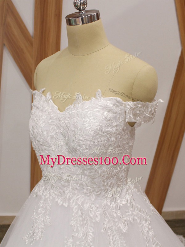 Lace Wedding Dress White Zipper Sleeveless Brush Train