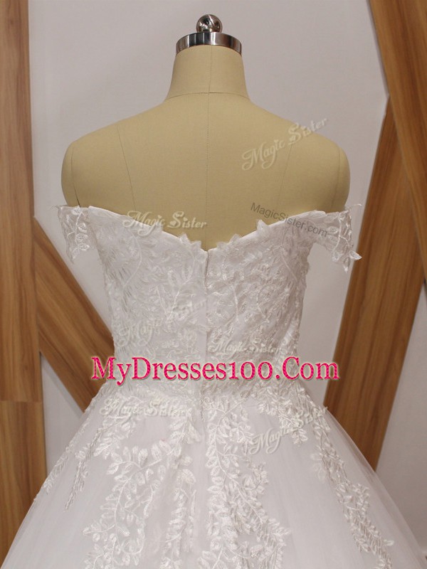 Lace Wedding Dress White Zipper Sleeveless Brush Train