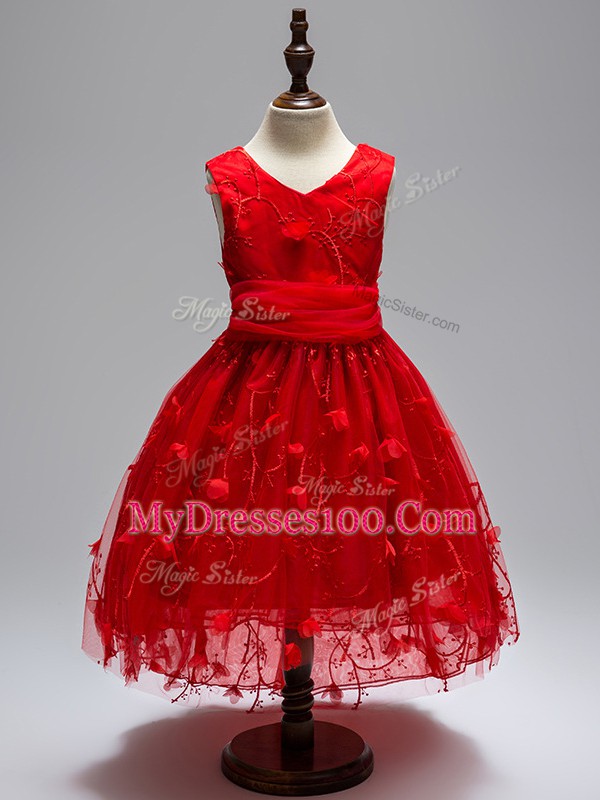 New Style Wine Red Tulle Zipper Little Girl Pageant Dress Sleeveless High Low Appliques