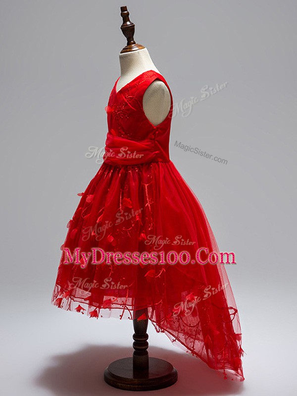 New Style Wine Red Tulle Zipper Little Girl Pageant Dress Sleeveless High Low Appliques