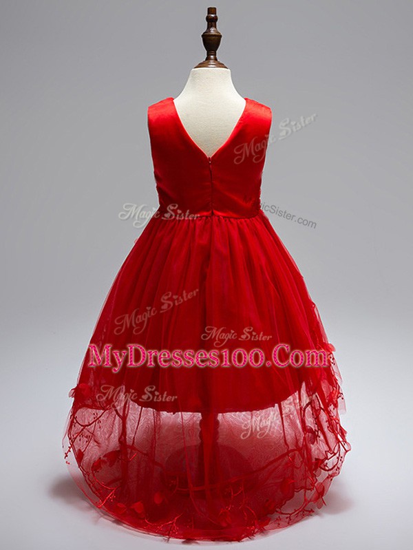 New Style Wine Red Tulle Zipper Little Girl Pageant Dress Sleeveless High Low Appliques