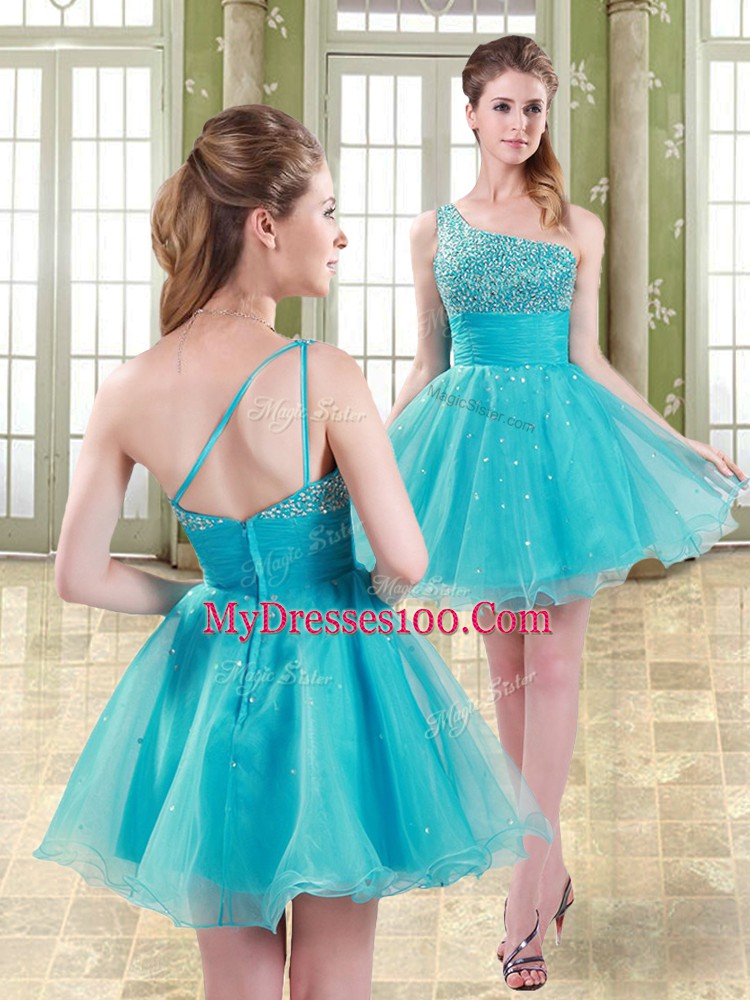 Spectacular Sleeveless Mini Length Beading Zipper Evening Dress with Aqua Blue