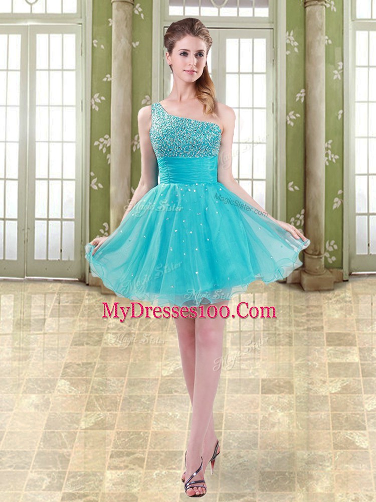 Spectacular Sleeveless Mini Length Beading Zipper Evening Dress with Aqua Blue