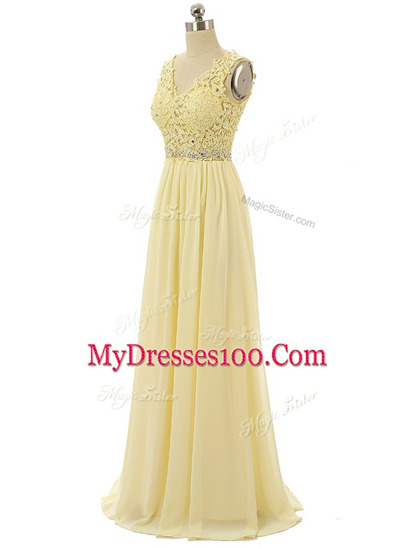 Light Yellow V-neck Neckline Beading and Lace and Appliques Prom Dresses Sleeveless Zipper