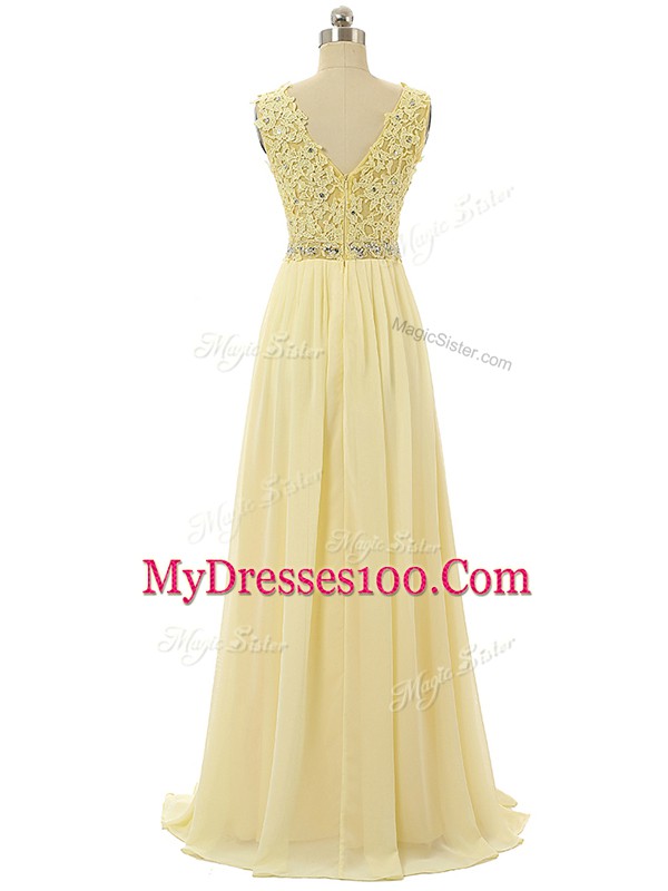 Light Yellow V-neck Neckline Beading and Lace and Appliques Prom Dresses Sleeveless Zipper