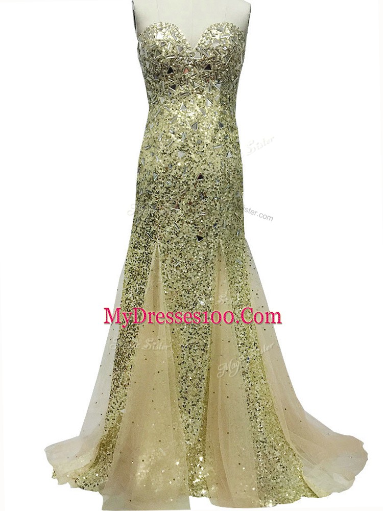 New Style Sleeveless Sequins Zipper Prom Dresses with Olive Green Brush Train