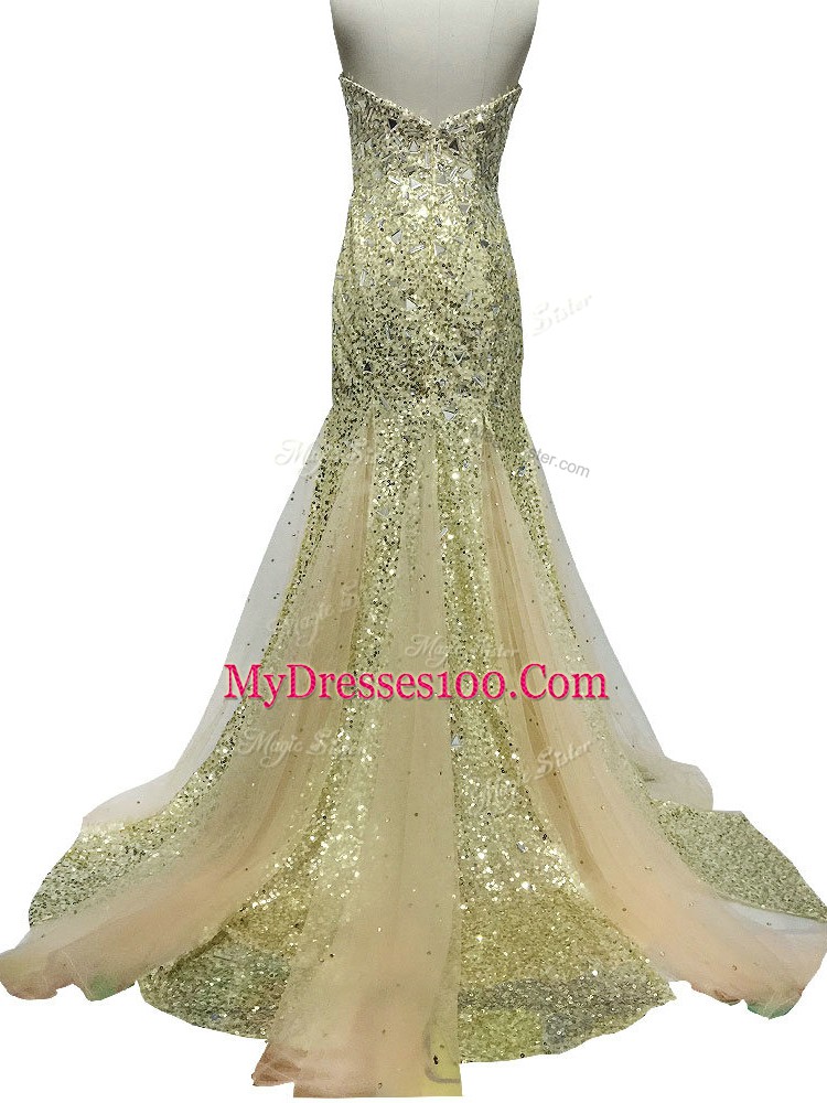 New Style Sleeveless Sequins Zipper Prom Dresses with Olive Green Brush Train