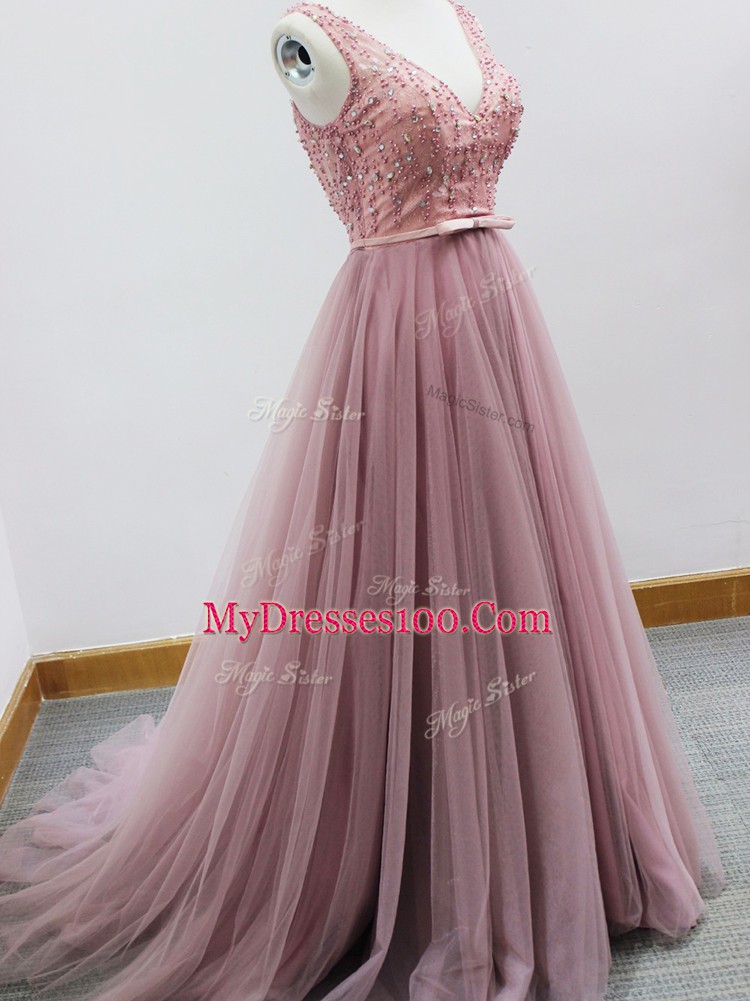 Pink Bridesmaid Gown Tulle Brush Train Sleeveless Beading and Belt
