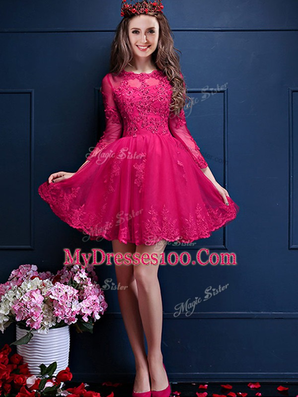 Delicate Scalloped 3 4 Length Sleeve Chiffon Damas Dress Beading and Lace and Appliques Lace Up